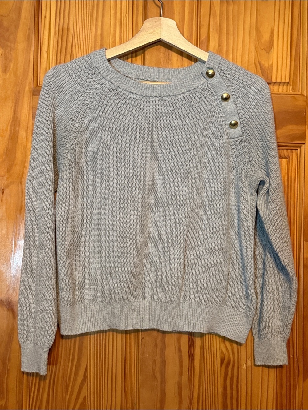 J. Crew Heather Gray Crewneck Sweater with Gold Shoulder Buttons
